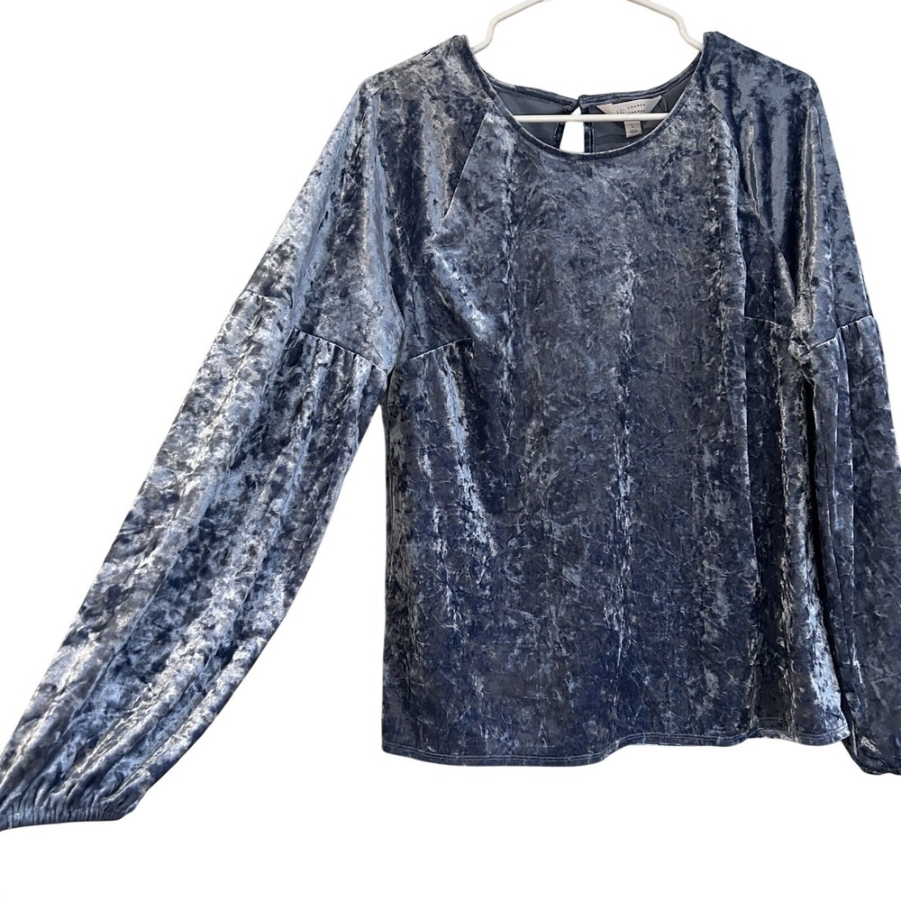 LC Lauren Conrad Blue Crushed Velvet  Blouse Sz L Balloon Sleeve Holiday Date